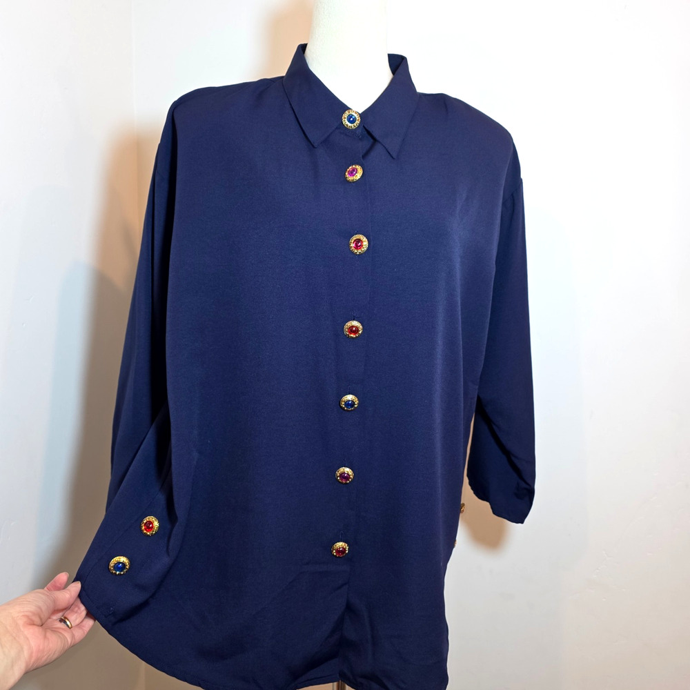 Vintage 90s Women's Jewel Button Up Shirt Navy Classic Luxury Size 14 Large